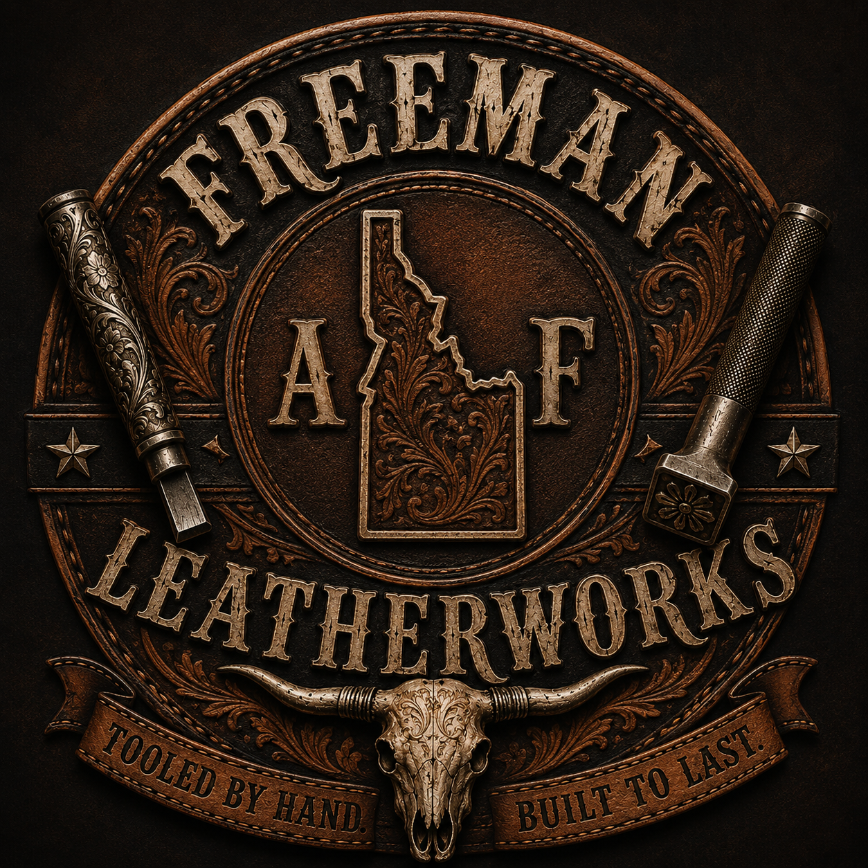 A circular leathercraft-style emblem reading "FREEMAN LEATHERWORKS" with "AF" in the center, a state-shaped outline, a skull with long horns, and two engraved tools on a dark brown textured background.